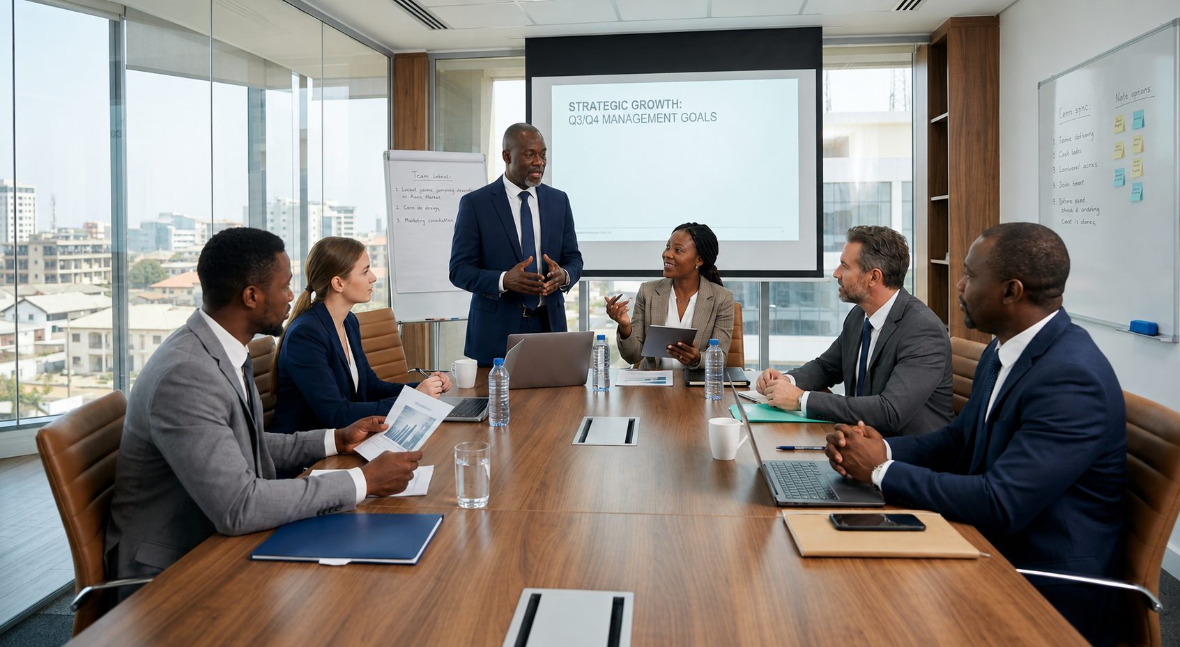 A management team in a meeting reviewing strategic growth goals