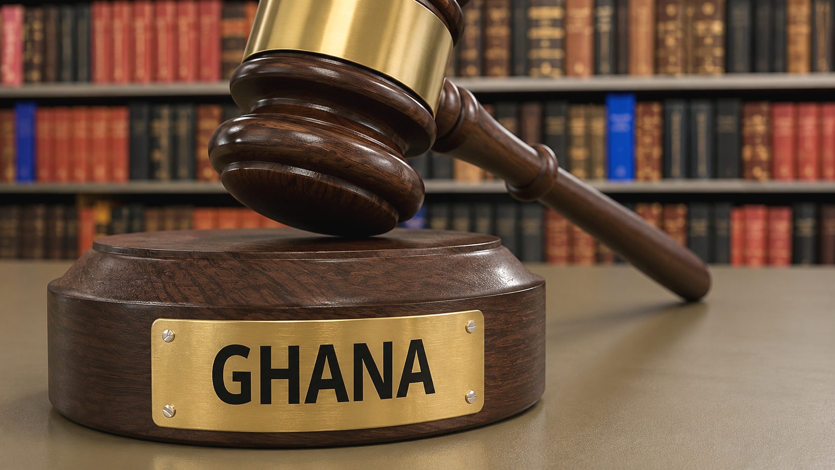 A gavel on a base engraved with GHANA, in front of law books