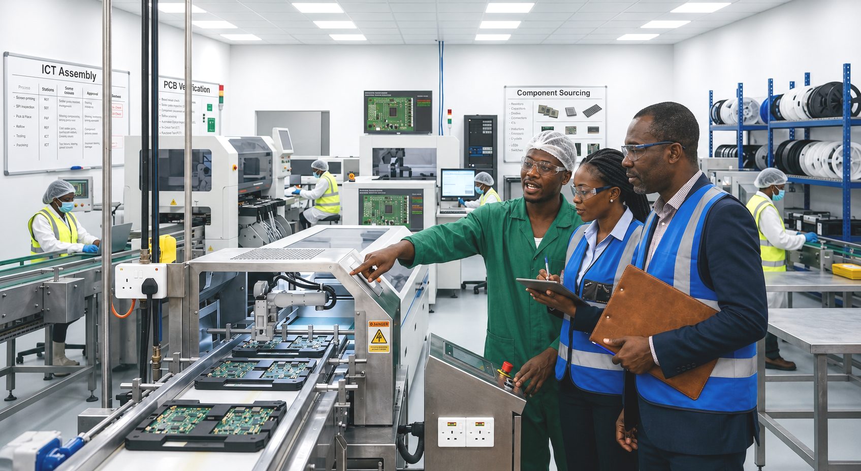 Staff reviewing systems on a production floor