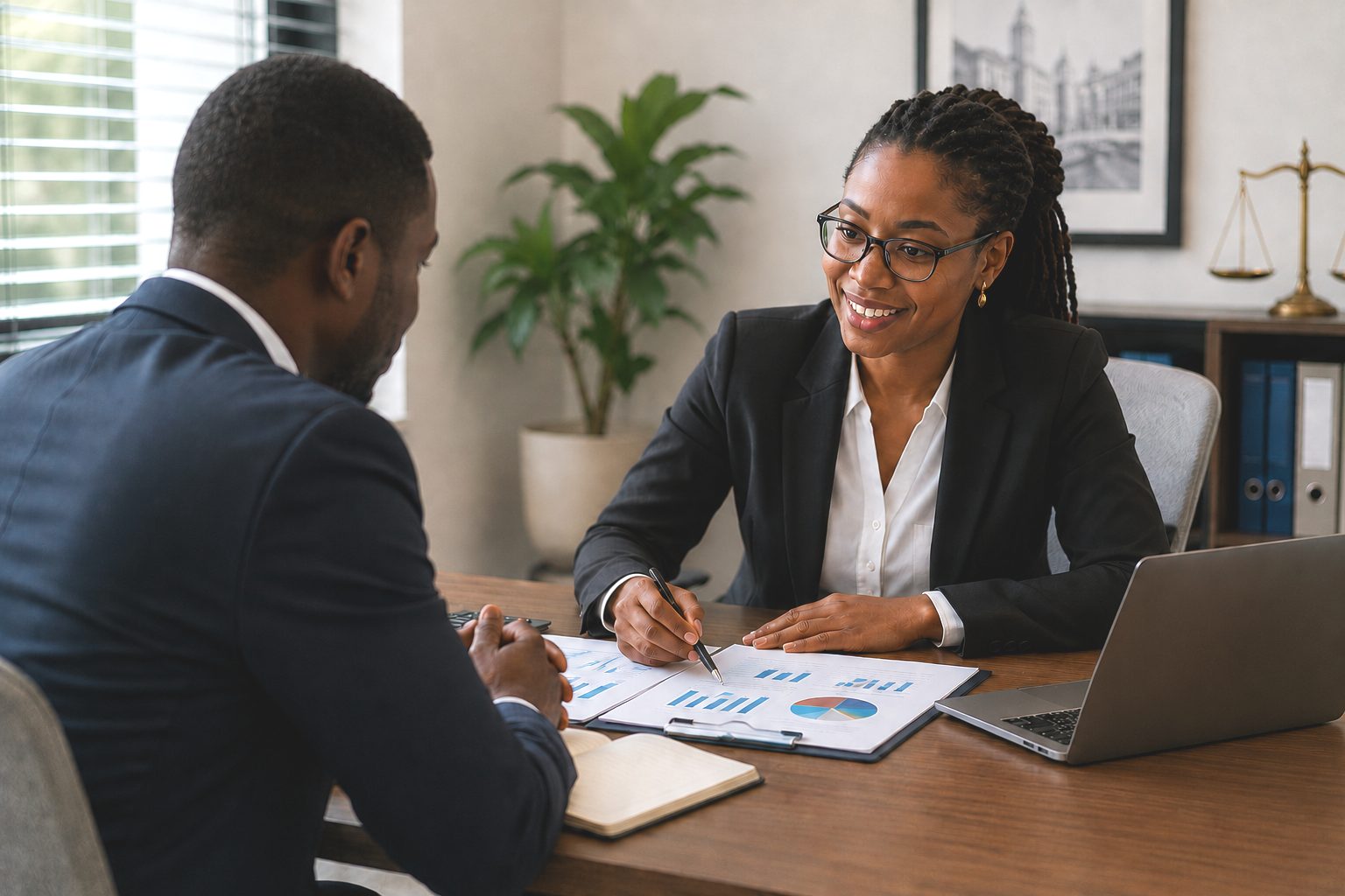 Two advisors reviewing charts and reports at a desk